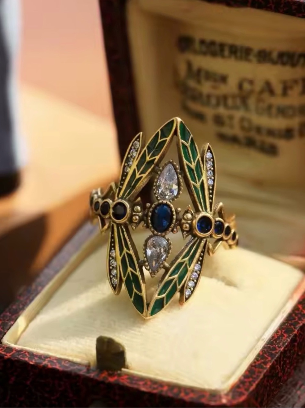 Vintage Style Dragonfly Ring Blue CZ Green Enamel Gold Tone Statement Size 9